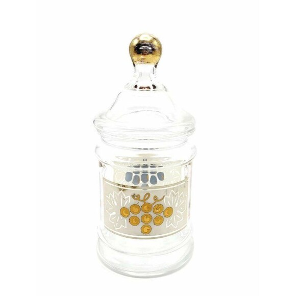 Vintage Glass Lidded Apothecary Jar Gold Grapes Design Bathroom Vanity Décor 7" - Picture 1 of 4